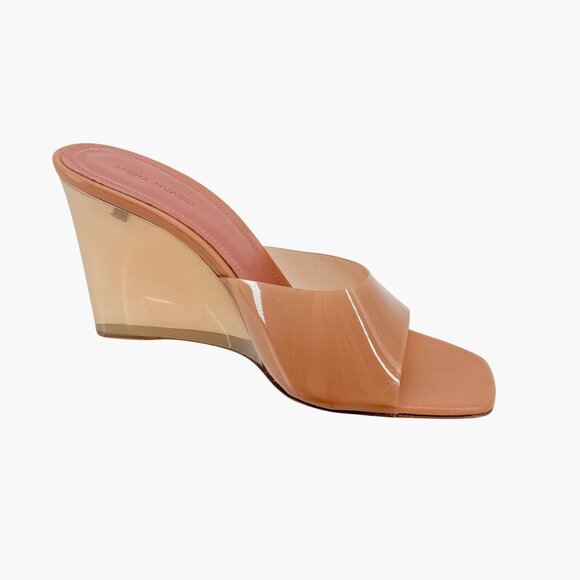 Amina Muaddi Lupita Glass Mule Wedge Size 40.5 US 10.5 Beige Tan PVC Slide Heels - Picture 12 of 15